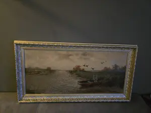 Cornelis Waterman - Water landschap man in boot en opvliegende ganzen kaufen? Bieten Sie von 90!