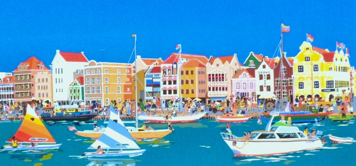 Fred Breebaart - Zomers zicht op kade de van Curaçao. Prachtige kleuren.Naïeve kunst. kopen? Bied vanaf 125!