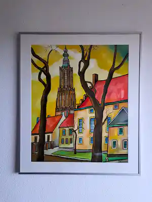 Hennie Schrijver - Stadsgezicht Amersfoort - Onze Lieve Vrouwe Toren, Zuidsingel, Muziekschool vendu pour 250€ !