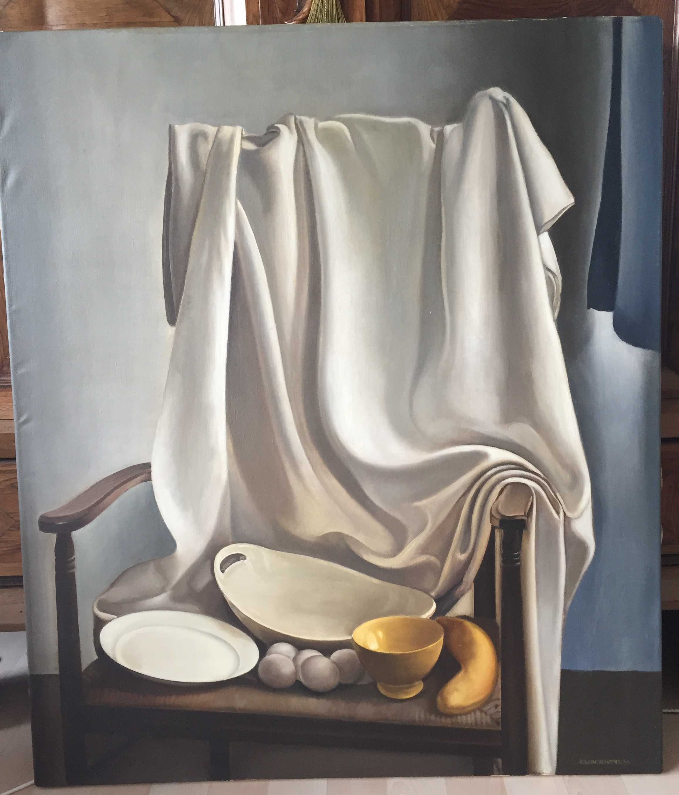 Kees Boendermaker - Stilleven (groot!) met eieren, banaan en schaal op rieten stoel kopen? Bied vanaf 650!