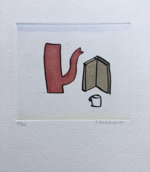 Klaas Gubbels - ets met aquarel ingekleurd - ‘Rode kan met boek’ kopen? Bied vanaf 225!