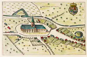 Joan Blaeu - Handgekleurde kopergravure, Ruyslede by Tielt, België (uit het Stedenboek, 1649) verkauft für € 16!