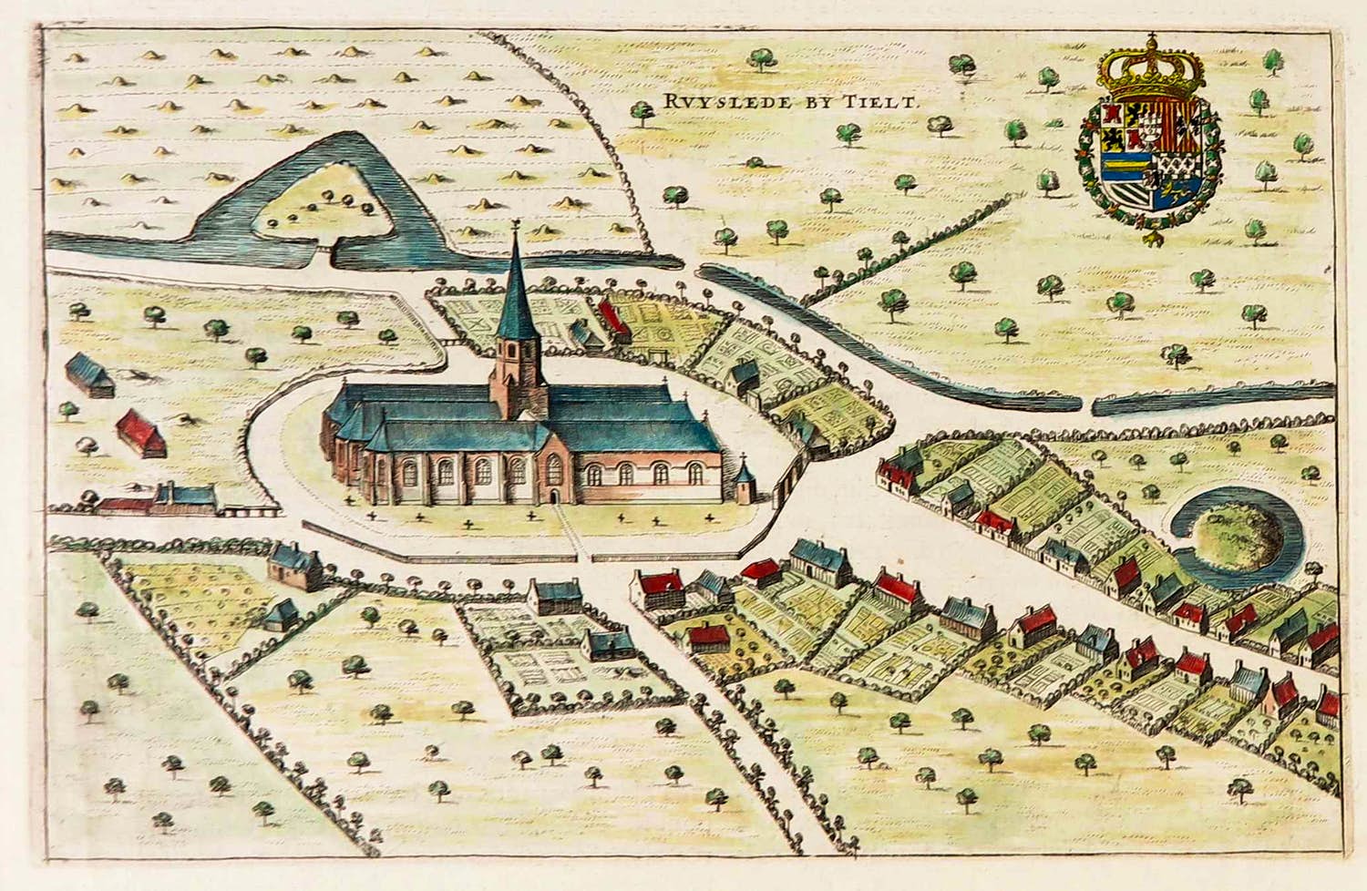 Joan Blaeu - Handgekleurde kopergravure, Ruyslede by Tielt, België (uit het Stedenboek, 1649) kopen? Bied vanaf 1!