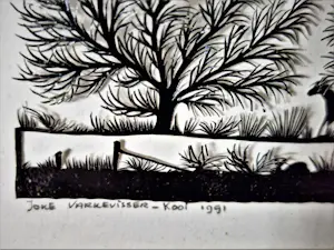 Joke Varkevisser-Kooi - Bijzonder knap miniatuur geknipte voorstelling "Paard onder bomen" gesigneerd kopen? Bied vanaf 28!