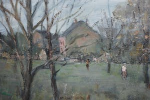 Henk Munnik - boomgaard in (Frans) dorp - olieverf 1984 kopen? Bied vanaf 35!