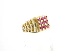 55- Retro 18Krt gouden unisex zg. Carré ring met 9 rode stenen - gekeurd kopen? Bied vanaf 370!