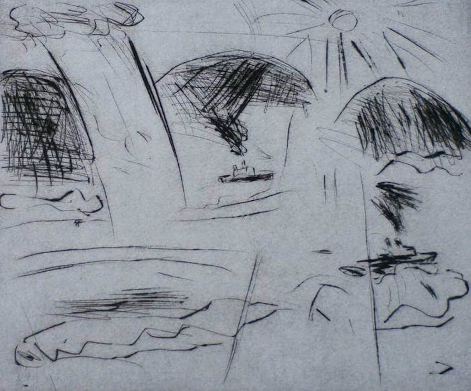 Henk Huig - Ets: boot op zee kopen? Bied vanaf 25!