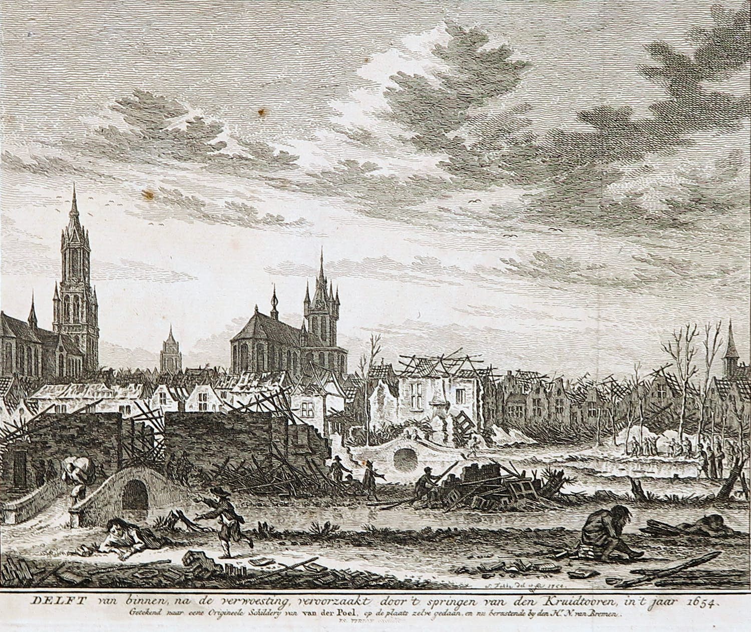 Simon Fokke - Gravure, Delft van binnen na de verwoesting (...) verkocht voor € 1!