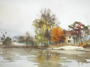 Yves de Mare - Aquarel - Vijver landschap kopen? Bied vanaf 50!