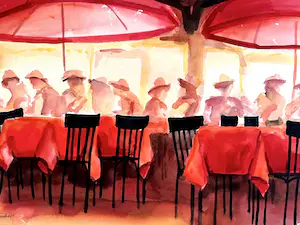 Jurjen Fontein - Mensen op terras - Aquarel kopen? Bied vanaf 120!