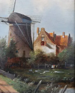 Jacob Jan Coenraad Spohler - Hollands rivierlandschap met windmolens en boten kopen? Bied vanaf 3000!