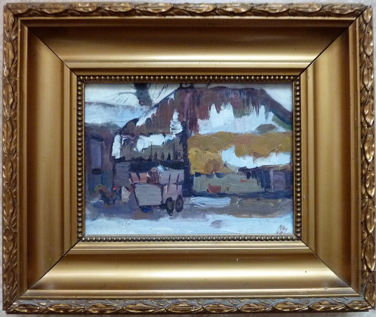 Han Krug - Olieverf "Boonstoppel" boerderij erf in de sneeuw, Den Haag 1915 verkocht voor € 175!