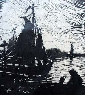 Joseph van de Wall Perne - Houtsnede: Haven van Volendam verkocht voor € 35!