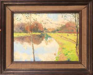 Albert Mulder - Olieverf op doek, Landschap met koeien - Ingelijst verkocht voor € 50!