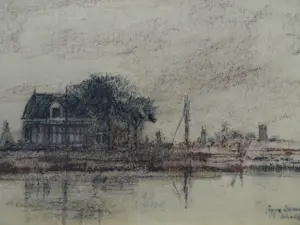 Poppe Damave - Ingelijste pasteltekening , Schalkwijk, Haarlem kopen? Bied vanaf 1!