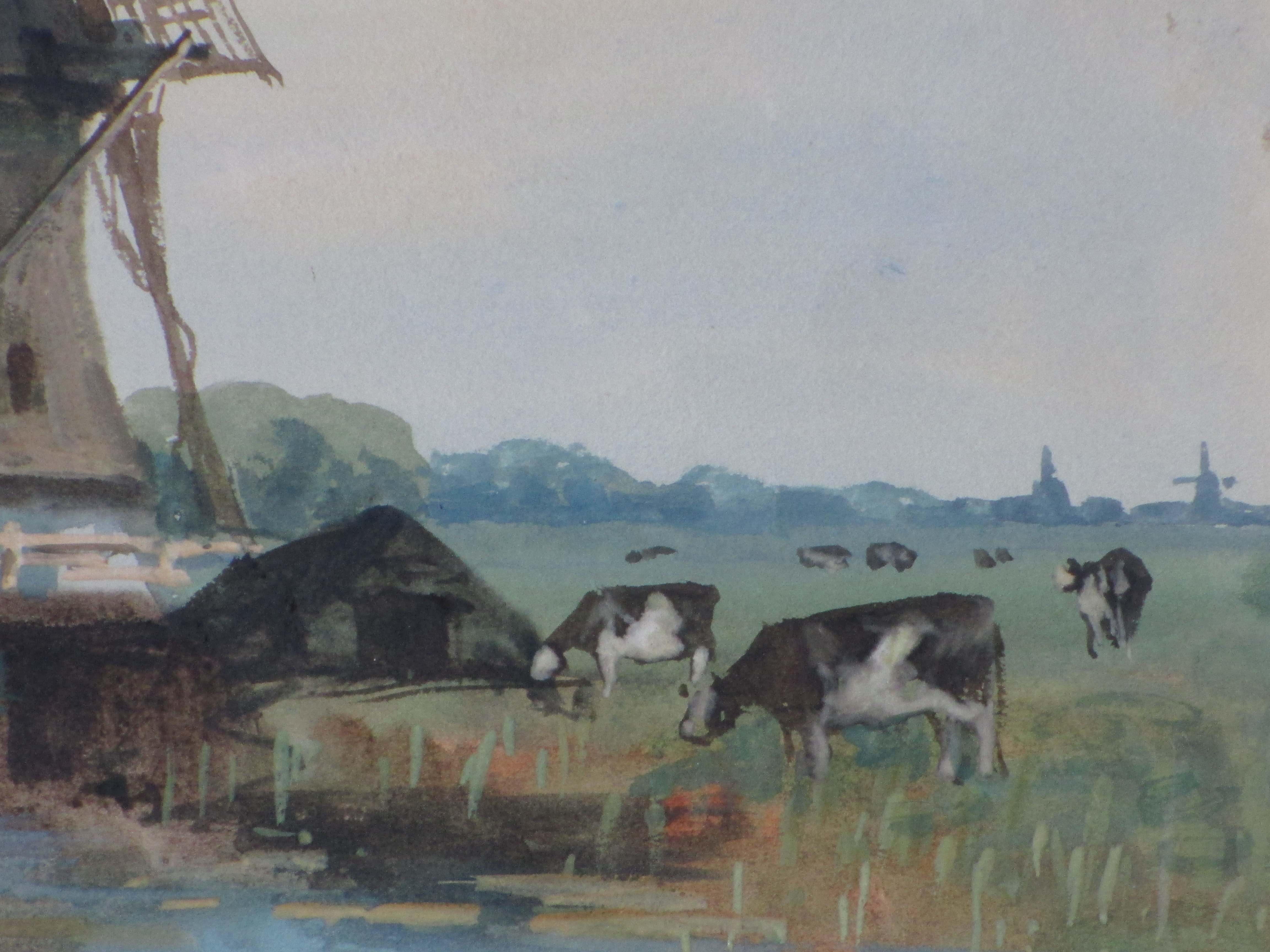 Adriaan Terhell - Polderlandschap met molen en koeien - Gemengde techniek kopen? Bied vanaf 1!