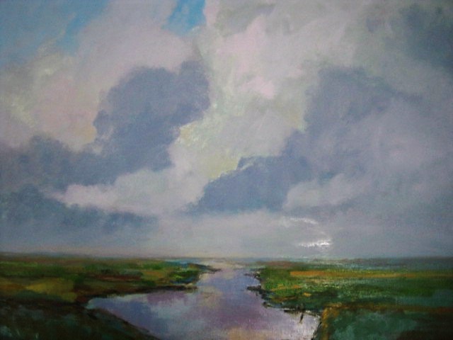 Hans Schiereck - Fraai impressionistisch olieverf "Waterland bij invallende zomeravond" gesignee  verkocht voor € 1!