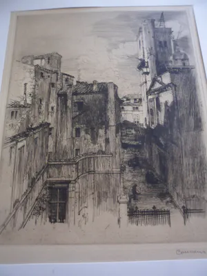 Armand Coussens - Gezicht op een stad in het Zuiden. Ets en droge naald kopen? Bied vanaf 10!