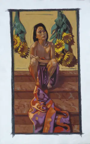 Nico Vrielink - MIJMERENDE HALFNAAKTE VROUW / KLEURZEEFDRUK / 103x85cm / SIG kopen? Bied vanaf 45!