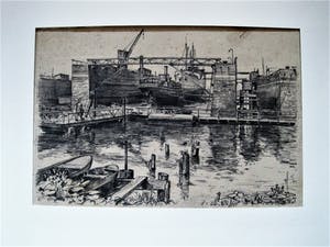 Tom van As - Realistische potloodtekening "droogdok Rotterdamse haven" gesigneerd kopen? Bied vanaf 10!