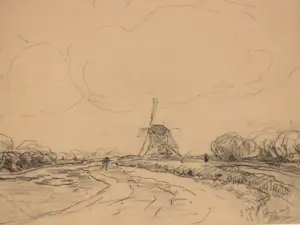 Jan Hillebrand Wijsmuller - Potloodtekening - Schaatser in landschap met molen kopen? Bied vanaf 75!
