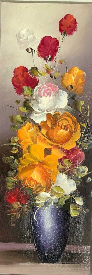 Robert Cox - Oranje bloemen in vaas - Olieverf op doek kopen? Bied vanaf 50!