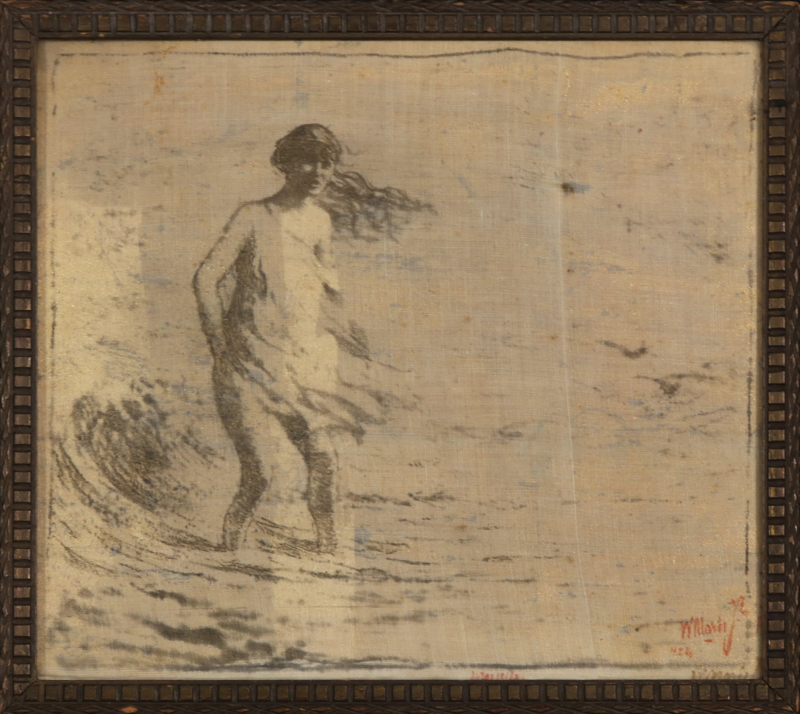 Willem Matthijs Maris - Druk op textiel over goudenkleurige ondergrond, Meisje in zee - Ingelijst verkocht voor € 40!