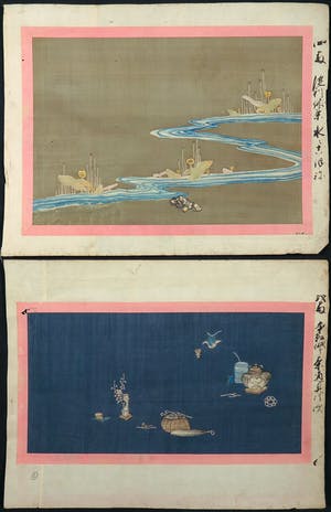 Niet of onleesbaar gesigneerd - Waterverf op zijde, Lot van twee penseeltekeningen kopen? Bied vanaf 1!