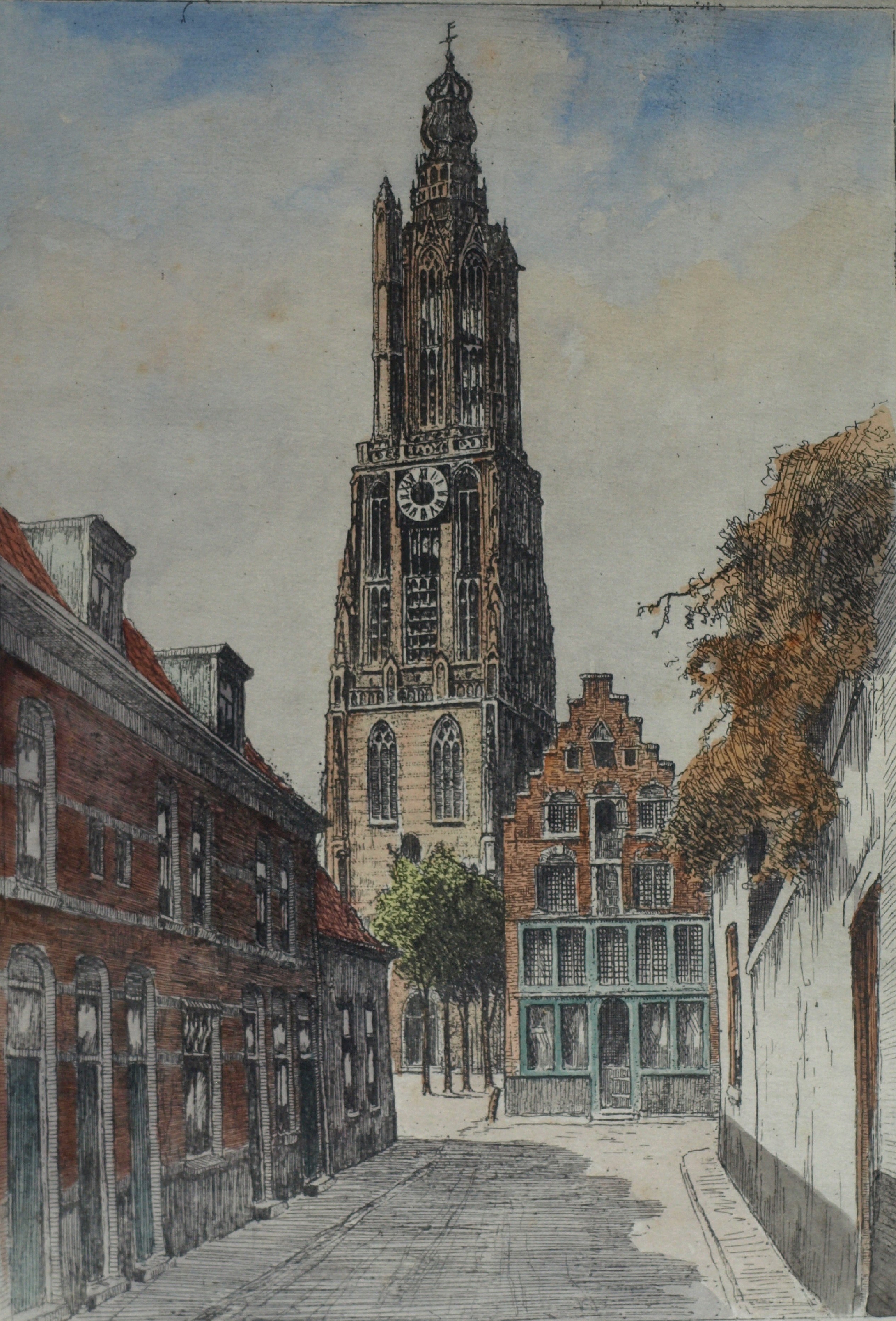 Marius Johannes Janssen - Ets , Onze Lieve Vrouwetoren Amersfoort – Gesigneerd en ingelijst – ca 1935 kopen? Bied vanaf 30!