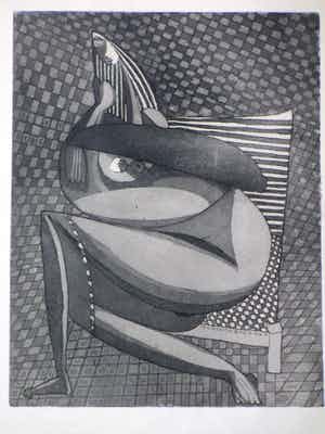 Theo Beerendonk - Kubistisch naakt in stoel - Ets verkocht voor € 40!