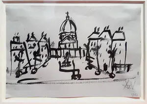 Andre van der Vossen - Stadsgezicht, tekening (netjes ingelijst) kopen? Bied vanaf 1!