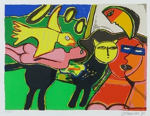 Corneille - Zeefdruk , Femme orange et l'oiseau jaune - Ingelijst kopen? Bied vanaf 1!