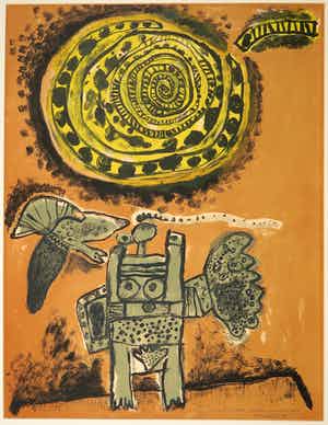 Corneille - Litho, Femme-déesse, oiseau, grand soleil verkocht voor € 350!