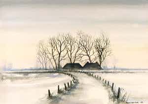 Sjoerdtje Mulder-Hak - Aquarel, IJsseldijk in de winter verkocht voor € 35!