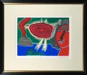 Corneille - Litho, Femme et oiseau rouge - Ingelijst kopen? Bied vanaf 1!