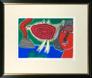 Corneille - Litho, Femme et oiseau rouge - Ingelijst verkocht voor € 1!