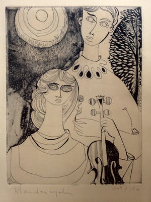 Robert Vandereycken - Jong paar met viool - lithografie, ingelijst kopen? Bied vanaf 40!