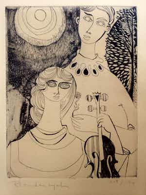 Robert Vandereycken - Jong paar met viool - lithografie, ingelijst verkocht voor € 40!