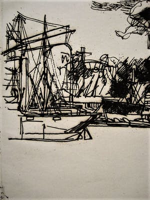 Wim Zwiers - Droge naald Ets - Rotterdam - Boten in de Haven - zeer kleine oplage! kopen? Bied vanaf 19!