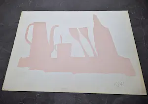 Klaas Gubbels - 1978 - een mooie "roze" Lithografie - "servies met wijnfles en glazen" - gesign kopen? Bied vanaf 58!