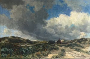 Martin van Waning - C3843-190814, Duinlandschap met wandelaar en huisje kopen? Bied vanaf 450!