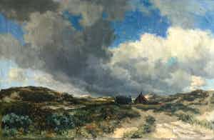 Martin van Waning - C3843-190814, Duinlandschap met wandelaar en huisje verkocht voor € 450!