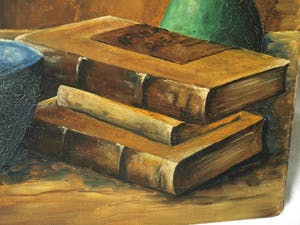 Niet of onleesbaar gesigneerd - Olieverf op doek , Stilleven met groene vaas, fruit en boeken - gesigneerd kopen? Bied vanaf 1!