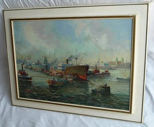 Niet of onleesbaar gesigneerd - Olieverf op doek , Havengezicht, Rotterdam? – ingelijst & gesigneerd kopen? Bied vanaf 1!