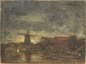 Niet of onleesbaar gesigneerd - Olieverf op paneel, Landschap met molen kopen? Bied vanaf 1!