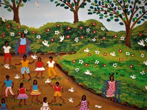 Niet of onleesbaar gesigneerd - Vrolijke Braziliaanse naieve kunst "Kinderen in het Park" gesigneerd verkocht voor € 1!