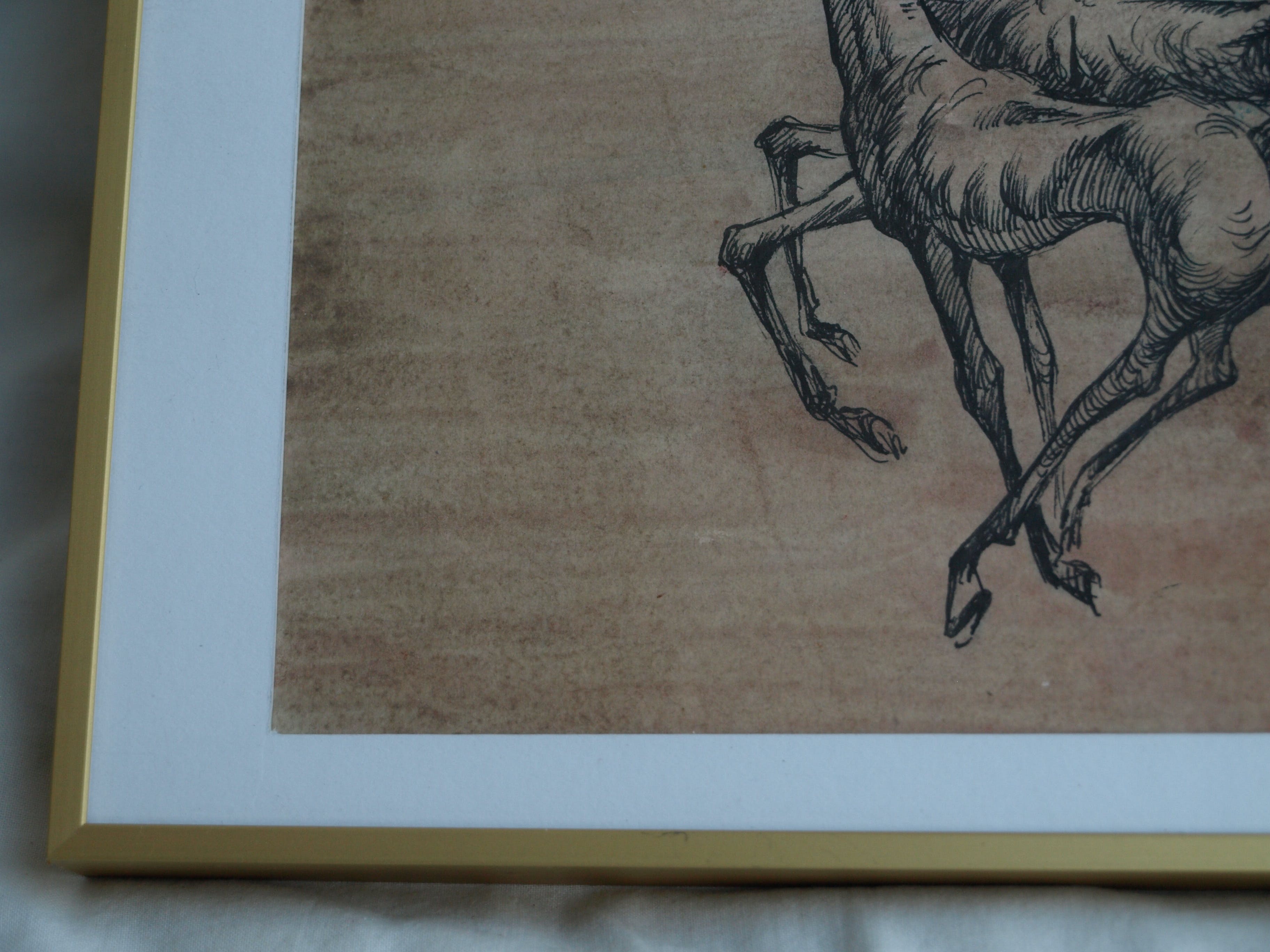 Klaas Pijlman - Pentekening , 3 Paarden – gesigneerd & ingelijst – 1966 kopen? Bied vanaf 35!