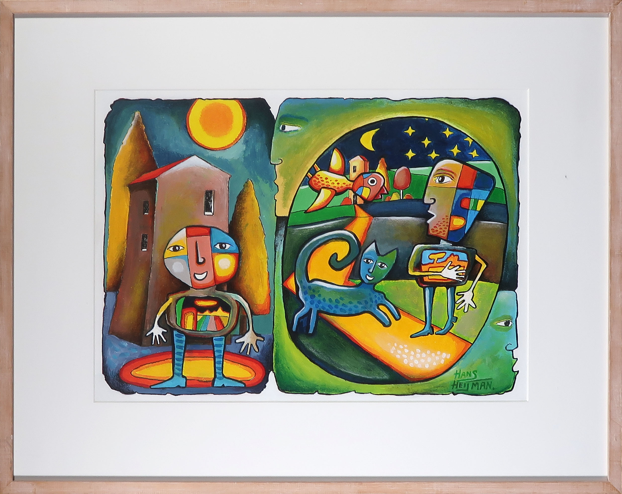 Hans Heijman - Acryl op papier, Dag en Nacht - Ingelijst verkocht voor € 80!