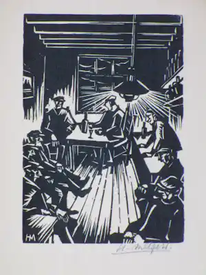 Henk Melgers - Cafe-interieur - Houtsnede vendu pour 120€ !