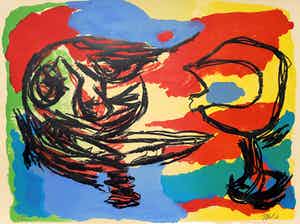 Karel Appel - Heads in a colourful landscape, litho verkocht voor € 595!